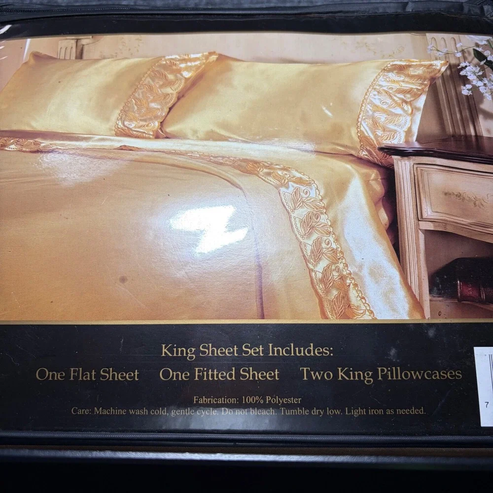 Victoria Classics Gold Satin Embroidery Sheet Set King 4 Piece Luxury Bedding